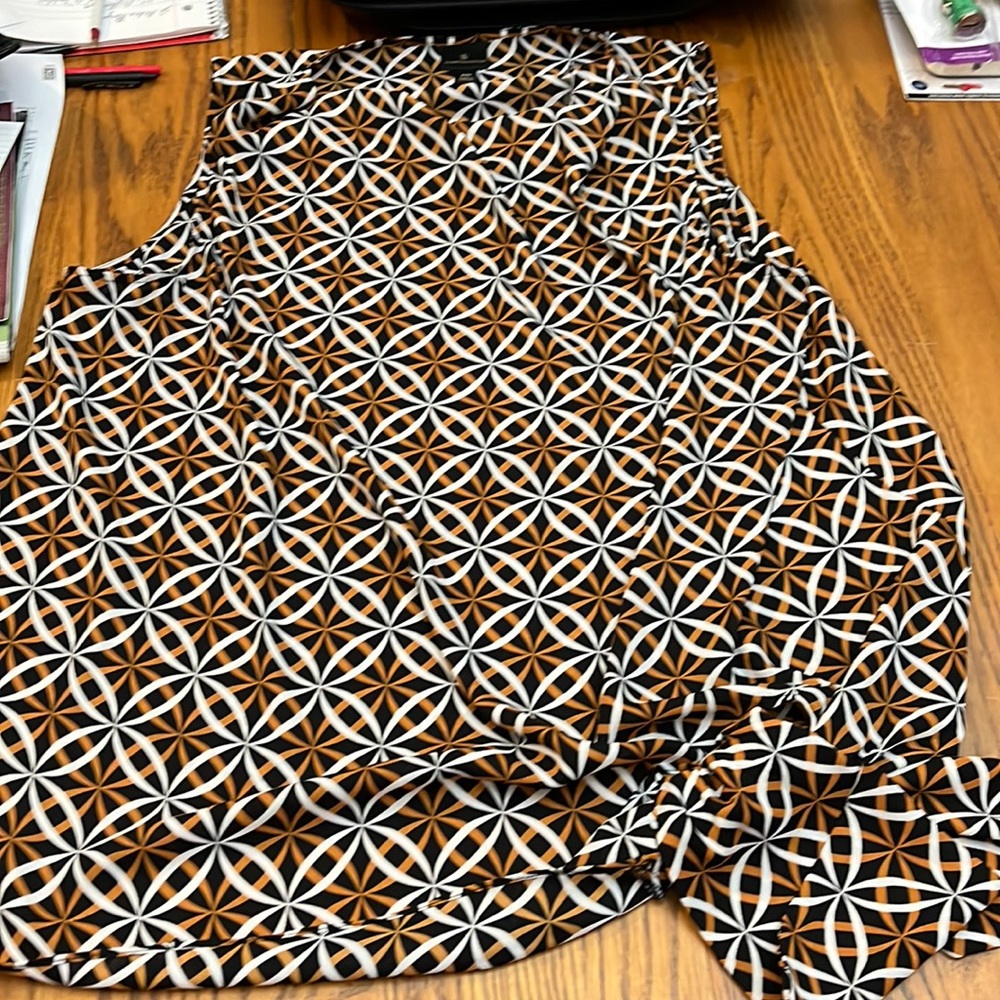 Worthington Orange, Black, & White Geometric Print Sheer Sleeveless Blouse XXL